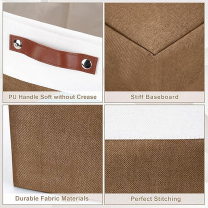 Large Fabric Storage Baskets | 50L Storage Bins, Decorative Linen Closet Baskets with Handles for Organizing, Shelf, Toys, Clothes, Home, Office, Nursery, 17x12x15Inches (Brown&White)