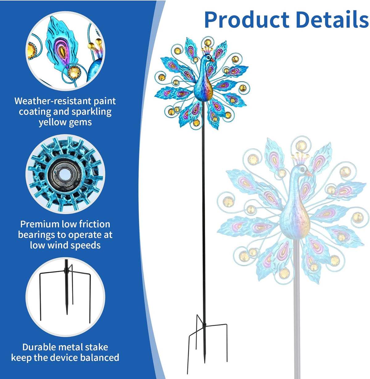 Wind Spinner for Yard and Garden Peacock Windmill Outdoor Metal Kinetic Art Wind Sculpture for Yard Patio Lawn Decoration 55 Inch,Gifts for Women