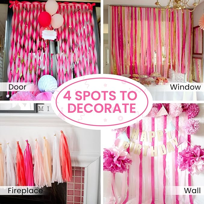 PartyWoo Pink Crepe Paper Streamers 4pcs 328ft Pack of Dark Hot Pink Magenta Fuchsia Crepe Paper Streamers for Birthday Gender Reveal Baby Shower Wedding Bachelorette Princess Party Decorations