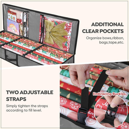 BALEINE Soft Christmas Wrapping Paper Storage Bag, 40" Durable PE Gift Wrap Storage Bag with Flexible Partitions and Pockets for Ribbon, Accessories (Grey)