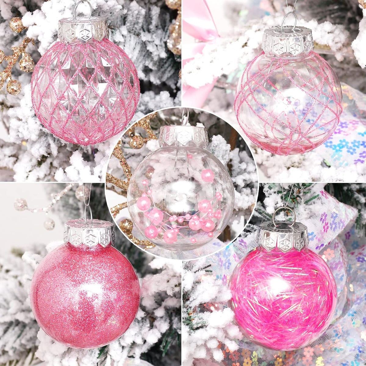 Pink Christmas Ball Ornaments, 30ct 2.36 Inch Shatterproof Clear Plastic Ornaments for Holiday Wedding Party Gift Decoration