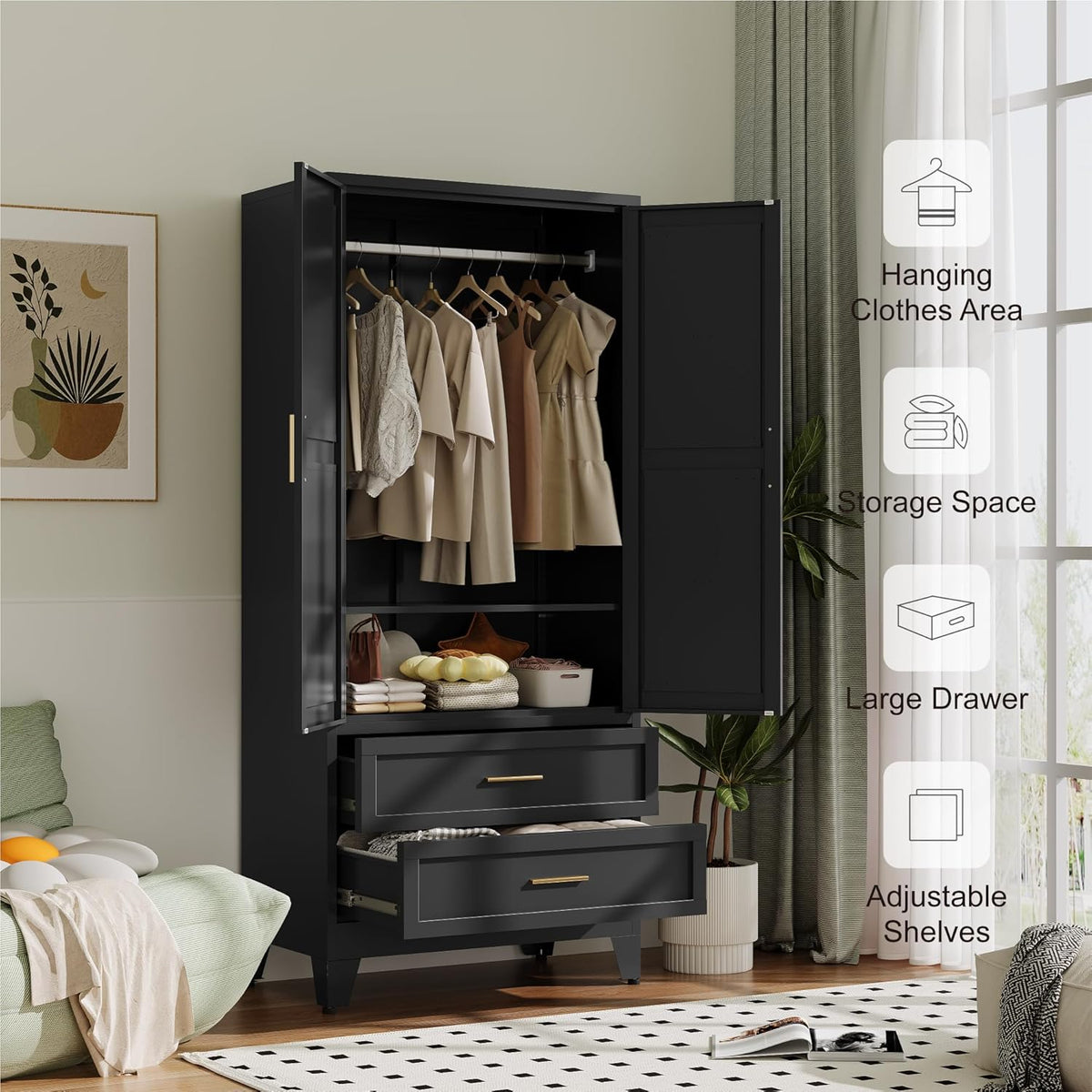 Baborokic Metal Wardrobe Cabinet with Hanging Rod,71" Armoire Wardrobe Closet with Adjustable Shelves,Farmhouse Steel Clothing Storage Cabinets for Bedroom,Office,Laundry Room Black