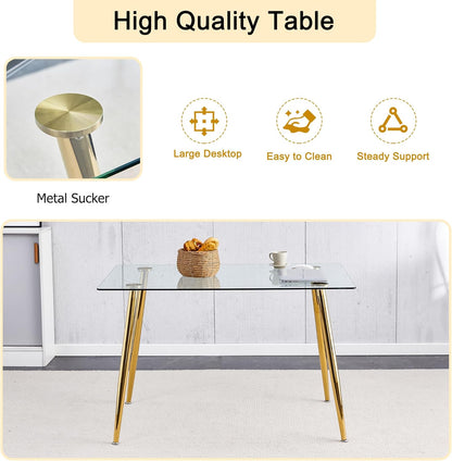 Baysitone 63" Modern Glass Dining Table with 4 Hot Pink Velvet Dining Chairs, Gold Metal Legs - Stylish 5-Piece Dining Set for Home
