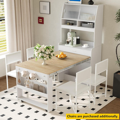 Spaco 2-in-1 Folding Dining Table and Buffet Cabinet Set,Compact Pull-Out Kitchen Table with Wheels,Storage Shelf and Side Hooks,Multifunctional Cupboard for Small Place (White & Oak)