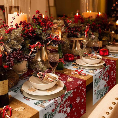 Christmas Snowman Cotton Linen Table Runner for Dining Kitchen, Xmas Tree White Snowflakes Winter Wedding Outdoor Party Tablerunners Decoration, Dresser Scarf Coffee Tablecloth Runners 13x48 Inches