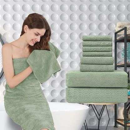 Green Bath Towels Set of 8, Quick Dry Bathroom Towel Textured,2 Oversized Bath Sheets/2 Hand Towels/4 Washcloths,Microfiber Shower Towels Large Ultra Soft Hotel Absorbent Towels For Bathroom Spa Gym