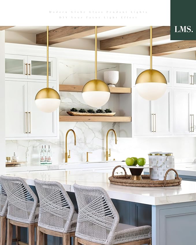 LMS 2-Pack Brushed Gold Pendant Lights, Modern Pendant Light with Milky Globe Glass Shade, Adjustable Hanging Lighting Rod for Kitchen Island Dining Room Bedroom, LMS-186BG2PK
