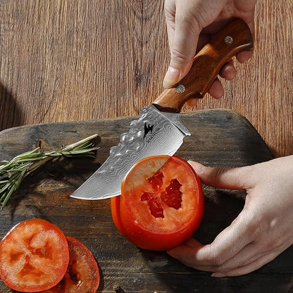 Damascus Utility Knife with Sheath - Kitchen Knife - 3.8" Damascus Steel Blade with Ergonomic Wooden Handle, Full Tang for Outdoors & Kitchen
