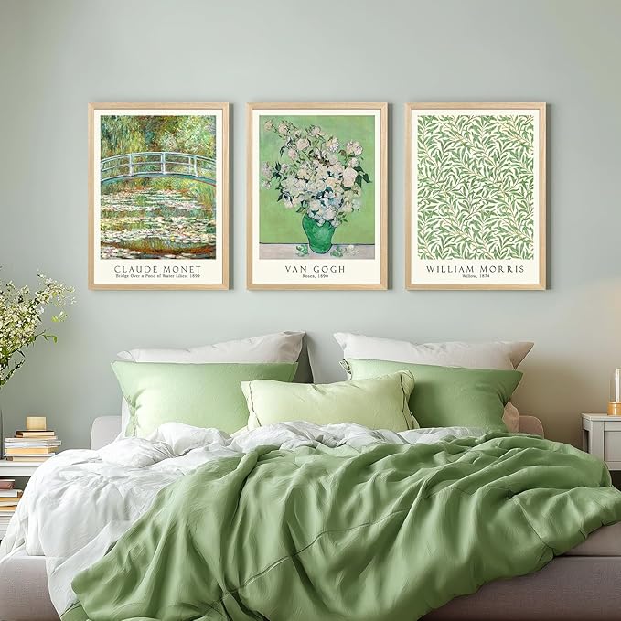 FASWQ Wood Framed Monet Van Gogh William Morris Wall Art, Grass Botanical Wall Decor, Mid Century Impressionist Canvas Paintings, Modern Green Landscape Poster Print for Living Room Bedroom 12"x16"x3