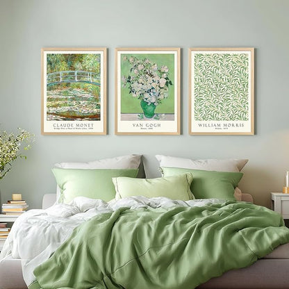 FASWQ Wood Framed Monet Van Gogh William Morris Wall Art, Grass Botanical Wall Decor, Mid Century Impressionist Canvas Paintings, Modern Green Landscape Poster Print for Living Room Bedroom 12"x16"x3