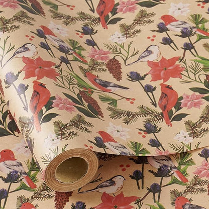 RUSPEPA Kraft Christmas Wrapping Paper Roll, Mini Roll, Watercolor Bird and Botanical Design with Flowers & Pinecones, Kraft Gift Wrap for Women, Friends, Holiday, Winter Party, 17 Inches x 16.4 Feet