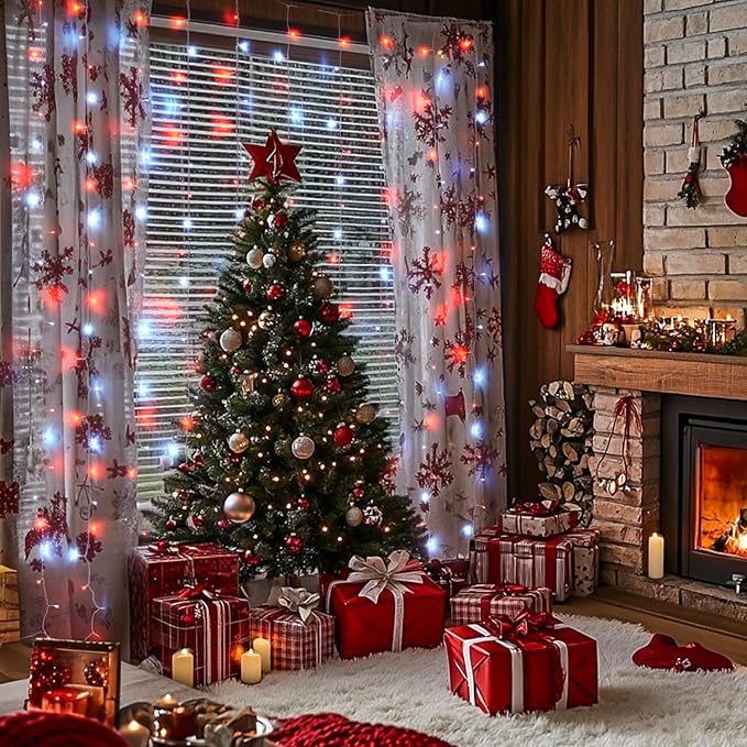 JMEXSUSS 300LED Red and White Christmas Curtain Lights with Remote, 9.8x9.8ft Christmas String Lights Plug in, 8 Modes Twinkle Hanging Fairy Lights for Bedroom Window Wall Porch Indoor Outdoor Decor