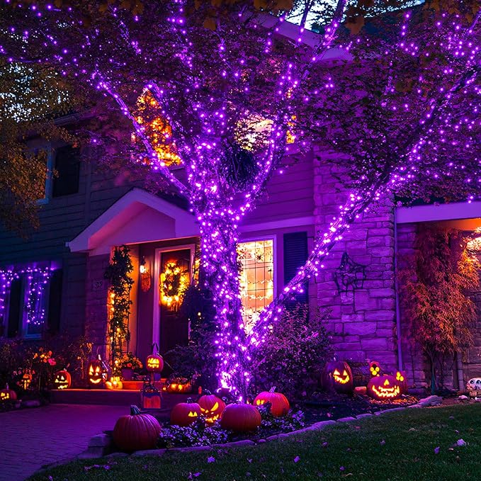 JMEXSUSS 400 LED Purple Halloween Lights Outdoor: 132ft Purple Lights Plug in with Remote - Indoor String Light for Halloween Christmas Decorations