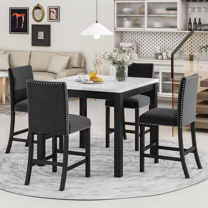 Merax Dining Table Set, 5 Piece Counter Height Dining Table Set with Faux Marble Dining Table and 4 Upholstered-Seat Chairs, Dining Room Table Set for Kitchen/Living Room, Black