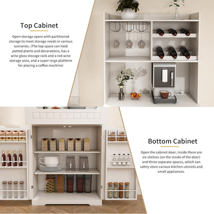 70.8" Tall Pantry Cabinet with Hutch, Sideboard Storage Cabinet with Drawer for Dining Room, Living Room, Wine Bar Cabinet for Liquor and Glasses for Coffee Bar, White