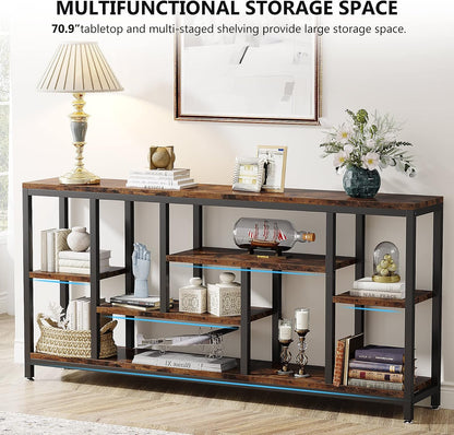 Tribesigns Console Sofa Table, 70.9 inch Extra Long Table Behind Couch with Storage Shelves, 3-Tier Industrial Narrow Entryway Hallway Accent Table for Living Room, Rustic Brown
