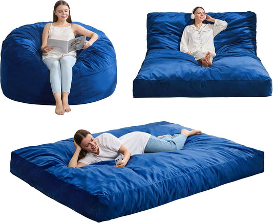 Hobestluk Adults Bean Bag Chairs Convertible 3 in 1 Large BeanBag Couch | Velvet,3 IN 1 Design,Memory Foam Filling,Portable Handle,Comfy Sofa Couch Lounger for Living Room Bedroom | Blue FULL Size