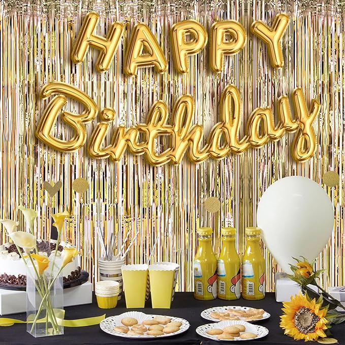 10 Pack Champagne Gold Foil Curtain Backdrop 3.2ft x 9.8ft Metallic Tinsel Foil Fringe Curtains Streamer Photo Booth Backdrop for Birthday Party Engagement Bachelorette Party Decorations