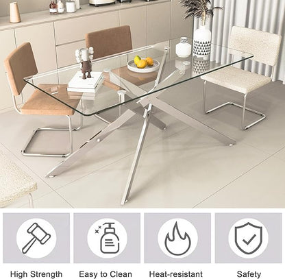 60" Rectangular Glass Dining Table Modern Kitchen Glass Top Table for 6 with Silver Metal Legs, Clear Dining Table Kitchen Table for Home Office Dining Room