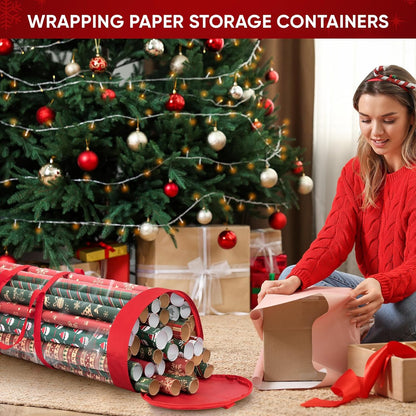 BALEINE Christmas Wrapping Paper Organizer Storage, 41" Gift Wrapping Paper Storage Containers, Clear PVC with Durable 600D Oxford Fabric Gift Wrap Paper Holder Fits 18-25 Rolls, Golden