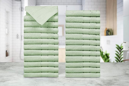 Casa Lino Face Towels & Body Wash Cloths for Showering - 100% Cotton Wash Cloths for Bathroom - Highly Absorbent & Quick Drying Washcloth Set - Cotton Washcloths 24 Pack - 12" x 12" (Light Sage Green)
