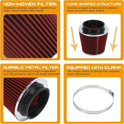 PTNHZ Universal Red 4" 102mm High Flow Cold Air Intake Cone Air Filter Power Intake Air Inlet System Air Cleaner
