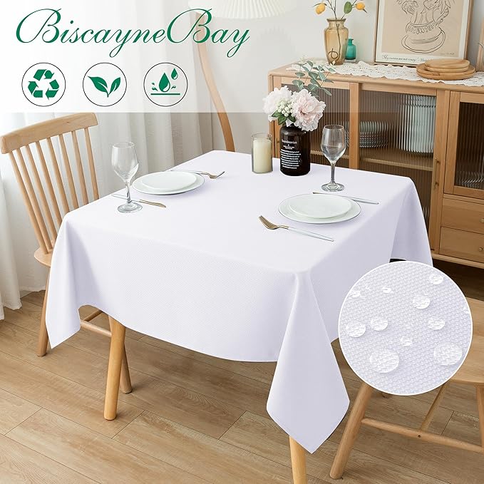 Biscaynebay Textured Fabric Square Tablecloths 60x60 Inches, White Water Resistant Table Cloth Small Card Folding Table Covers Linen for Dining, Kitchen, Wedding and Parties etc. Machine Washable