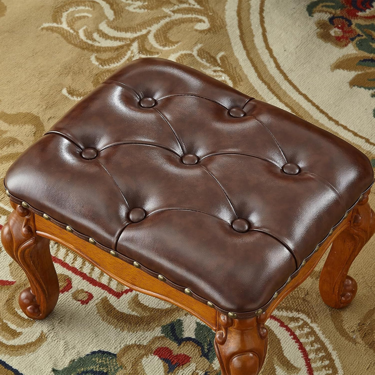 Foot Stool Ottoman Foot Rest Microfiber Leather Upholstered Footstool for Sofa, Living Room, Entryway, Solid Wood Stool (Retro Brown)