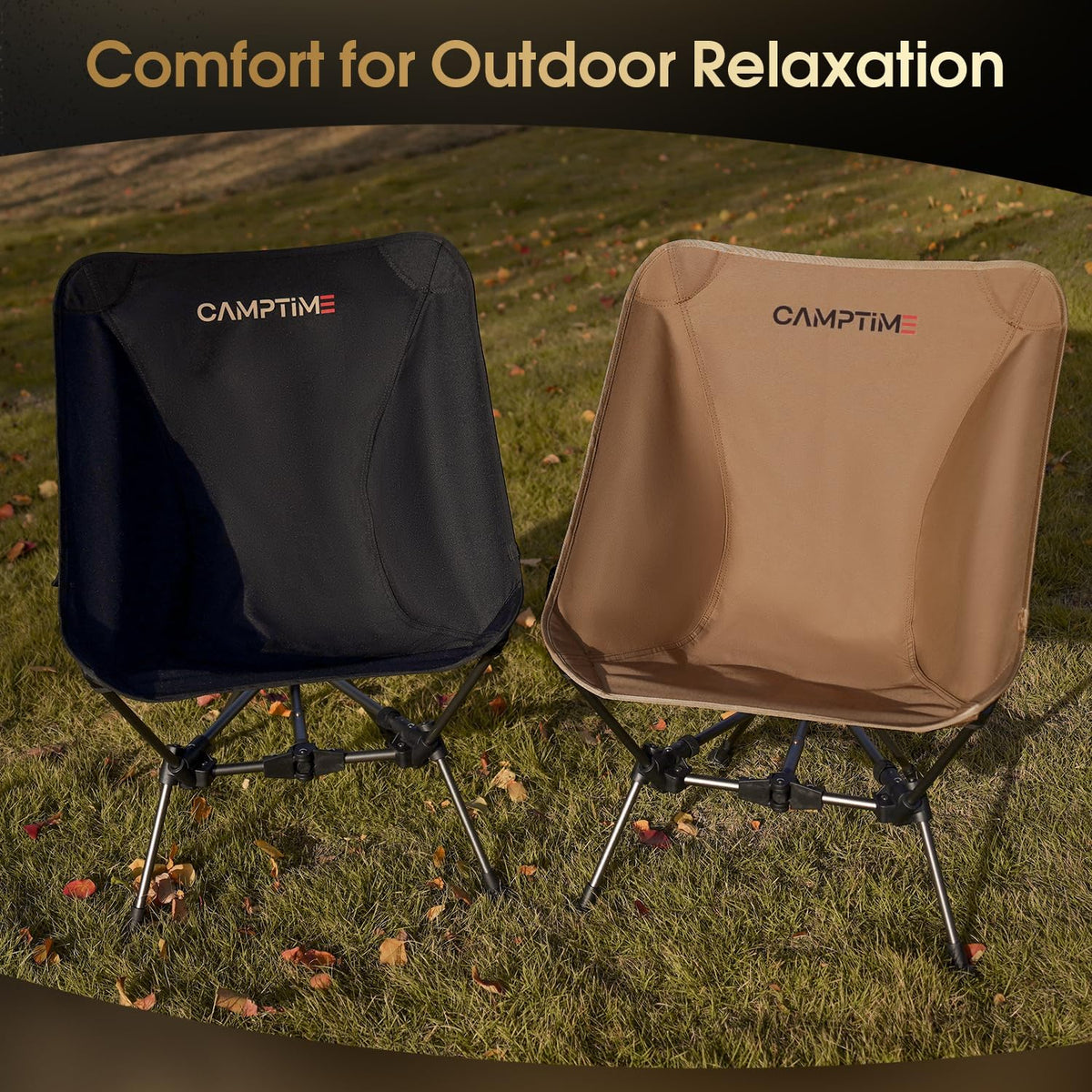 Camptime Portable Camping Chair, Lightweight Compact Backpacking Chair with Side Pocket, Wide Seat Folding Chair for Camping, Hiking, Beach - Supports 330Lbs, Khaki