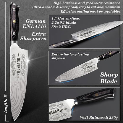 Anniversary Men Gifts for Him Husband, 8 inch Professional German Stainless Steel Chef Knife, Engraved Best Husband Ever Knife Gift, Christmas Anniversary Birthday Gifts for Men Husband