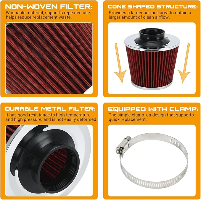 PTNHZ Universal Red 2.5" 63mm High Flow Cold Air Intake Cone Air Filter Power Intake Air Inlet System Air Cleaner