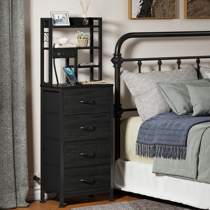 Furnulem Tall Nightstand, LED Night Stand with Charging Station | USB Ports, 4 Fabric Drawers and 4 Tier Storage Shelf, Nightstands Bedside Tables for Bedroom, Dorm, Office (Black Oak)