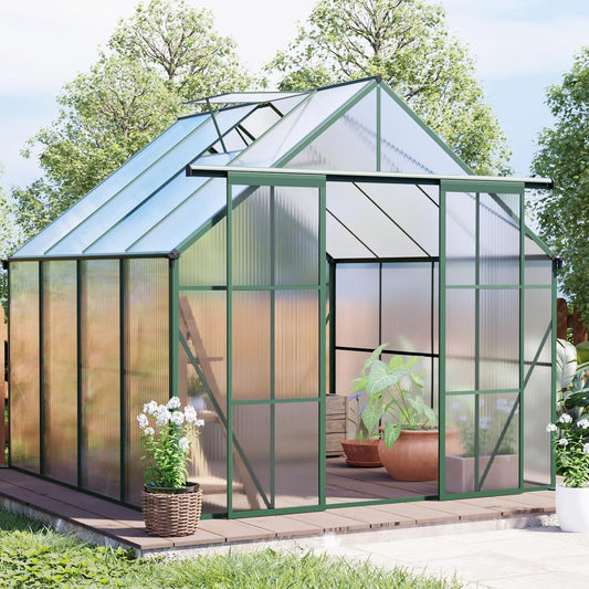 KEIKI 8x8 FT Double Door Polycarbonate Greenhouse with Aluminum Frame,Raised Base and Roof Vent,Walk-in Greenhouses for Patio Garden Backyard