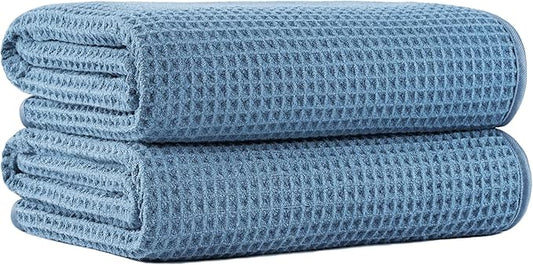 New Microfiber Waffle Bath Towels, 2 Pieces, Oversized, Soft, Absorbent, Fast Drying, Lint Free (Blue)