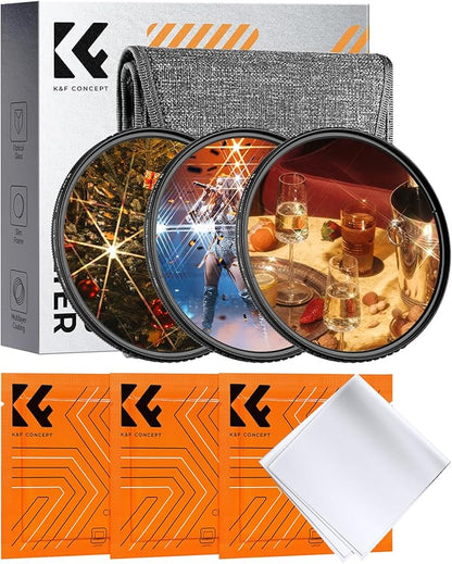 K&F CONCEPT 62mm Star Filters Kit (3pcs) 4 Points 6 Points 8 Points Cross Screen Starburst Filters Set -18 Layer Coating Ultra Slim Optical Glass Camera Lens Filter with 3 Cleaning Cloth