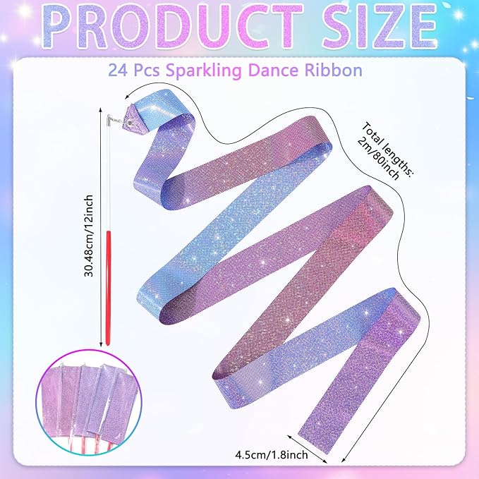 24 Pcs Sparkling Dance Ribbon for Kids Rhythmic Gymnastics Birthday Party Favors Twirling Streamer for Girl Princess Artistic Dancing Outdoor Game Supplies(Gradient Blue Purple)