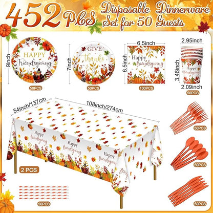 452 Pcs Happy Friendsgiving Party Decorations for 50, Fall Friendsgiving Paper Plates Napkins Cups Tablecloth Cutlery Straws for Autumn Harvest, Give Thanks Friends Giving Party Supplies