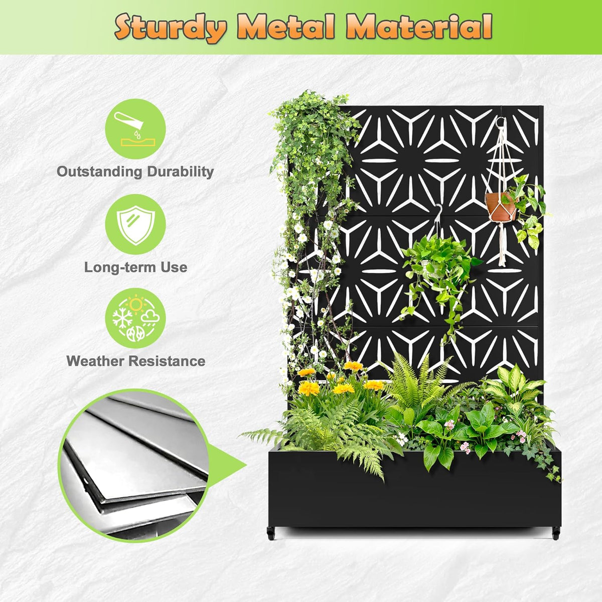 Metal Raised Garden Bed with Trellis, 2 in 1 Trellis with Planter Box & Privacy Screen for Climbing Plants, Vine, Outdoor Standing Flower Beds with Drainage Holes,47.2"L x 16.7"W x 70.8"H,(Black-Star)