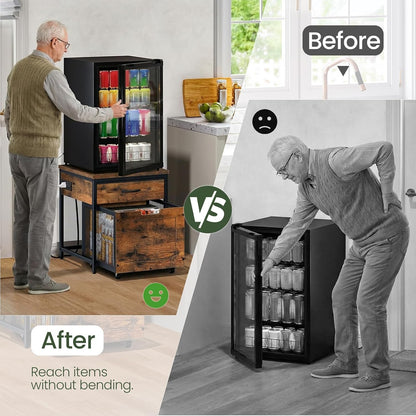 CHOEZON Mini Fridge Stand with Power Outlet, Large Side Table with 2AC and 2 USB Ports, Mobile Beverage Cart with Fabric Drawer for Dorm, Kitchen, Living Room, Rustic Brown and Black TBZ56UBF