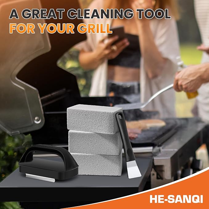 Pumice Grill Brick for Cleaning Flat Top, Heavy Duty Grill Stone Kit for Griddle with Handle & Scraper, Griddle Cleaning Brick Block for Removing Stubborn Grease, Rust (5 PCS)