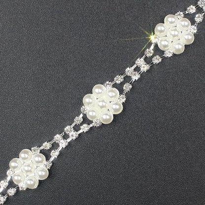 PEARLY JUN 2 Yards Pearl Rhinestone Trim Chain Silver Crystal Fringe Diamond Applique Ribbon String Tassel Strip for Sewing Wedding Dress Crafting Crafts Flower Embellishments