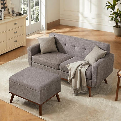 Kingfun 65" W Loveseat Sofa with Ottoman Coffee Table, Mid Century Modern Decor Love Seat Couches and Ottoman with Storage for Living Room, Button Tufted Upholstered Love Seats Furniture Set, Grey
