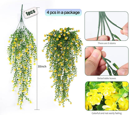 SJL Faux Hanging Plant Artificial Hanging Plants Indoor Ferns for Outdoors 4pcs Fake Plants Vines Eucalyptus Leaf Plastic Flowers Real Touch All Year Round Decor Arch Porch (Yellow)