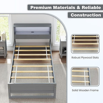 KOMFOTT Twin Size Wood Platform Bed Frame with Charging Station & LED Light, Platform Bed with Storage Headboard & 12” Under-Bed Space, No Box Spring Needed Bed Base, Wood Mattress Foundation (Grey)
