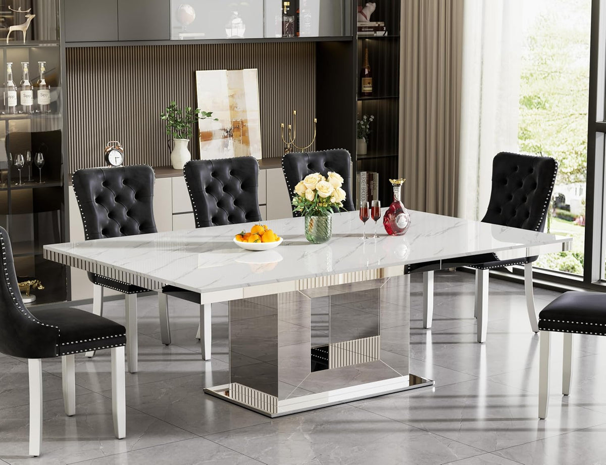 94 in Large Extendable Dining Table for 6 8 10, White Marble Pattern Top & Silver Mirrored Base, 3 Position Expansion 63" to 94", Modern Luxury Expandable Dining Room Table for Dinner Family Gathering