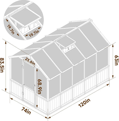 6x10 FT Green House for Outdoor, 6MM Thick Polycarbonate Panel Wooden Walk-in Greenhouse Kit with Lockable Door and Adjustable Roof Vent, Backyard Garden, Light Mocha Brown