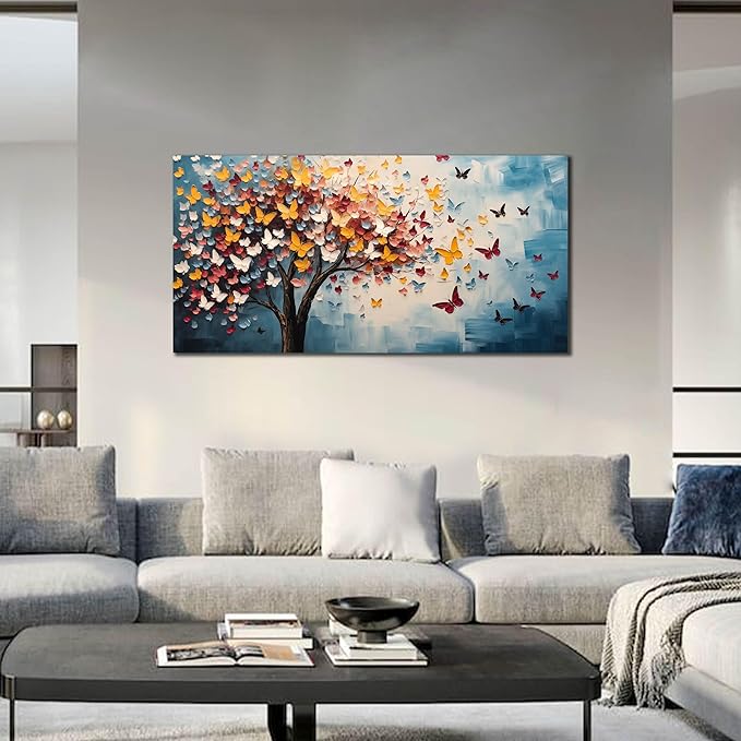 Butterfly Tree Canvas Wall Art for Living Room Bedroom Home Office Blue Colorful Tree of Life Wall Art Modern Large Framed Canvas Prints Size 24x48