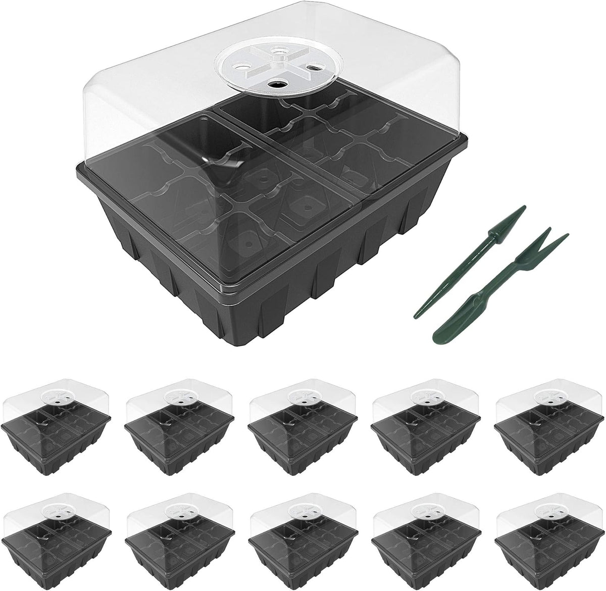 Gardzen 10 Pack Seed Starting Tray, Plant Germination Trays, Seed Starter Kit with Adjustable Humidity Vented Dome, Plant Growing Kit 6.6" x 4.5", Total 120-Cell, Clear