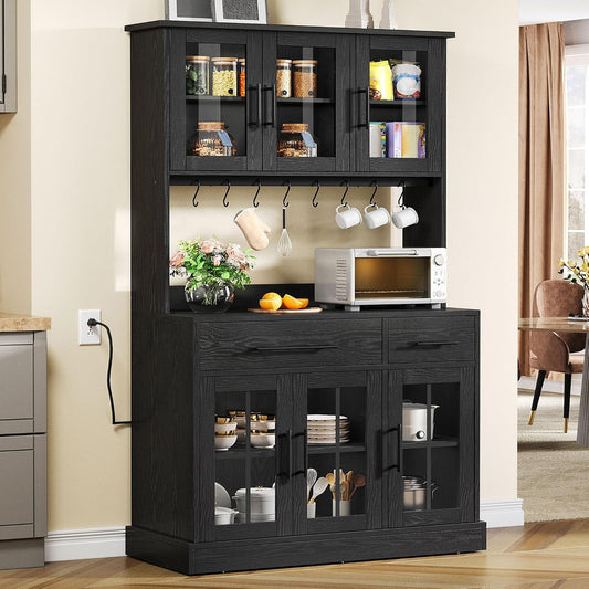 YITAHOME 71" Tall Kitchen Pantry Cabinet with Microwave Stand & Built-in Power Outlet, Buffet Cupboard with Acrylic Doors, Drawers and 8 Hanging Hooks for Kitchen, Dining Room, Living Room, Black Oak