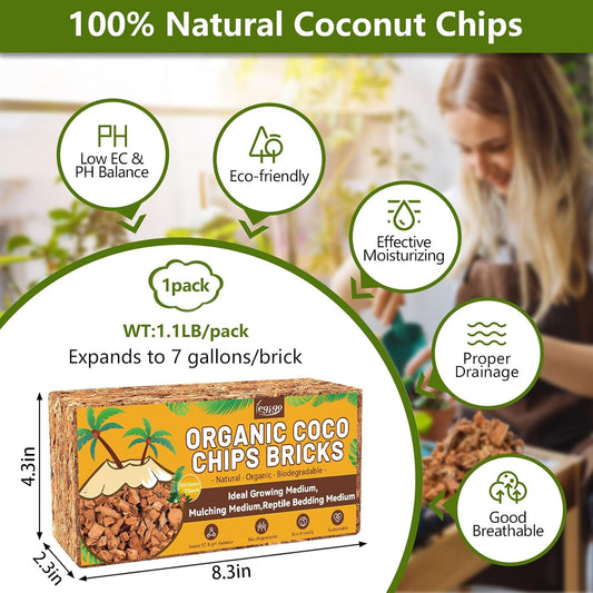 Legigo 1.1 LB Coco Husk Chips for Plants- 100% Organic Coconut Coir Chips Brick with Low EC & PH Balance, Compressed Coconut Substrate Coco Chips Mulch Medium for Garden, Flowers, Plants